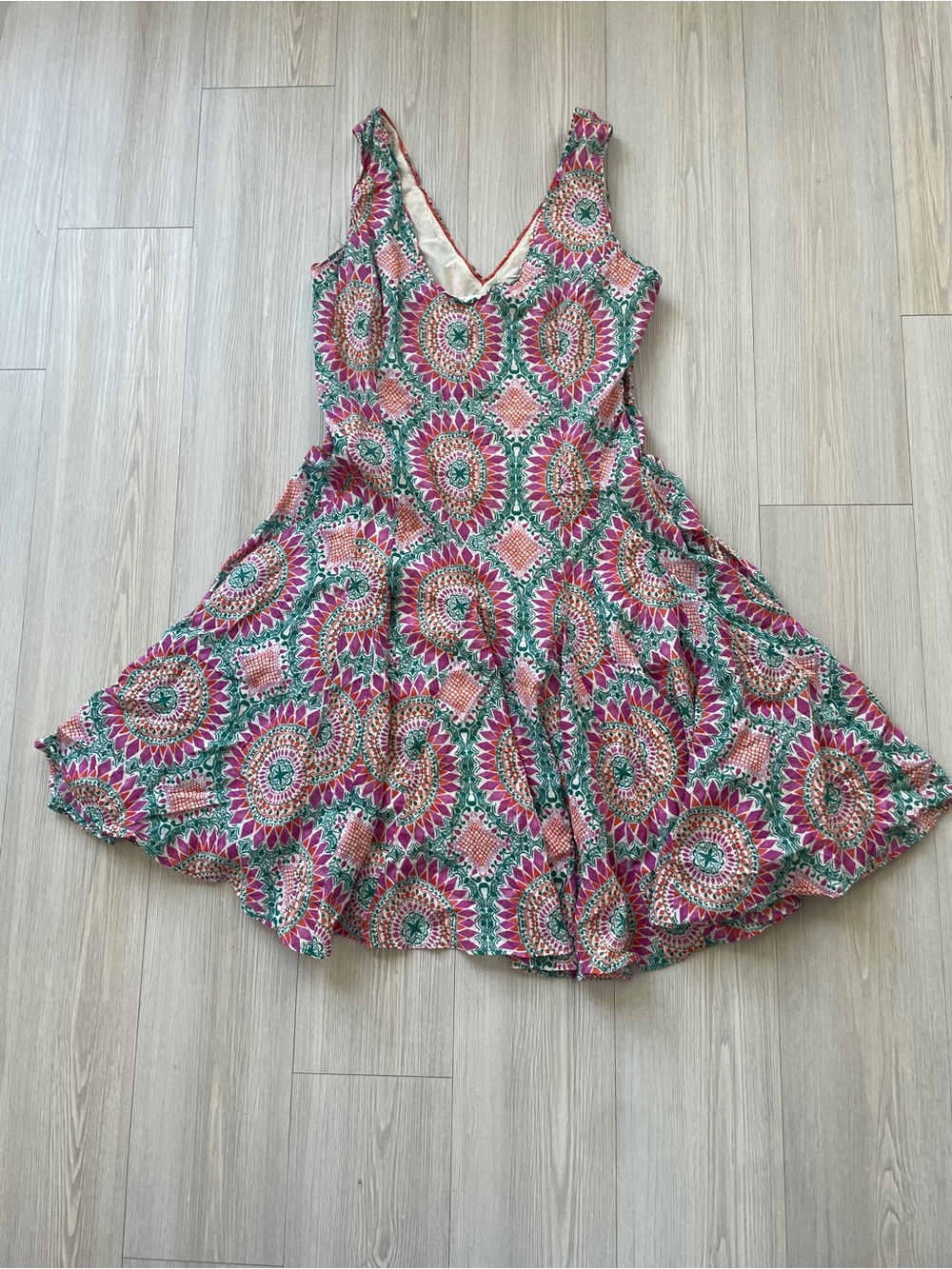 HD in Paris Cotton Pink & Green Printed V-Neck Drop Waist Midi Dress